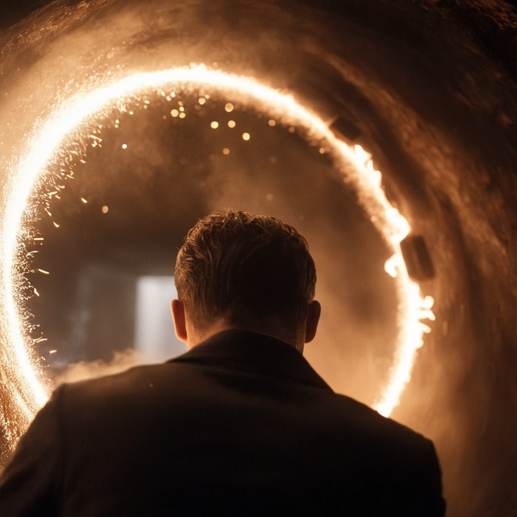 cinematic film still of  <lora:Kodak Motion Picture Film Style:1.2>
Best Cinematography a man is being sucked into a black hole circle in a dark messy room underground with sparks and dust particles and fire ring on Kodak Motion Picture Film Style, shallow depth of field, vignette, highly detailed, high budget, bokeh, cinemascope, moody, epic, gorgeous, film grain, grainy