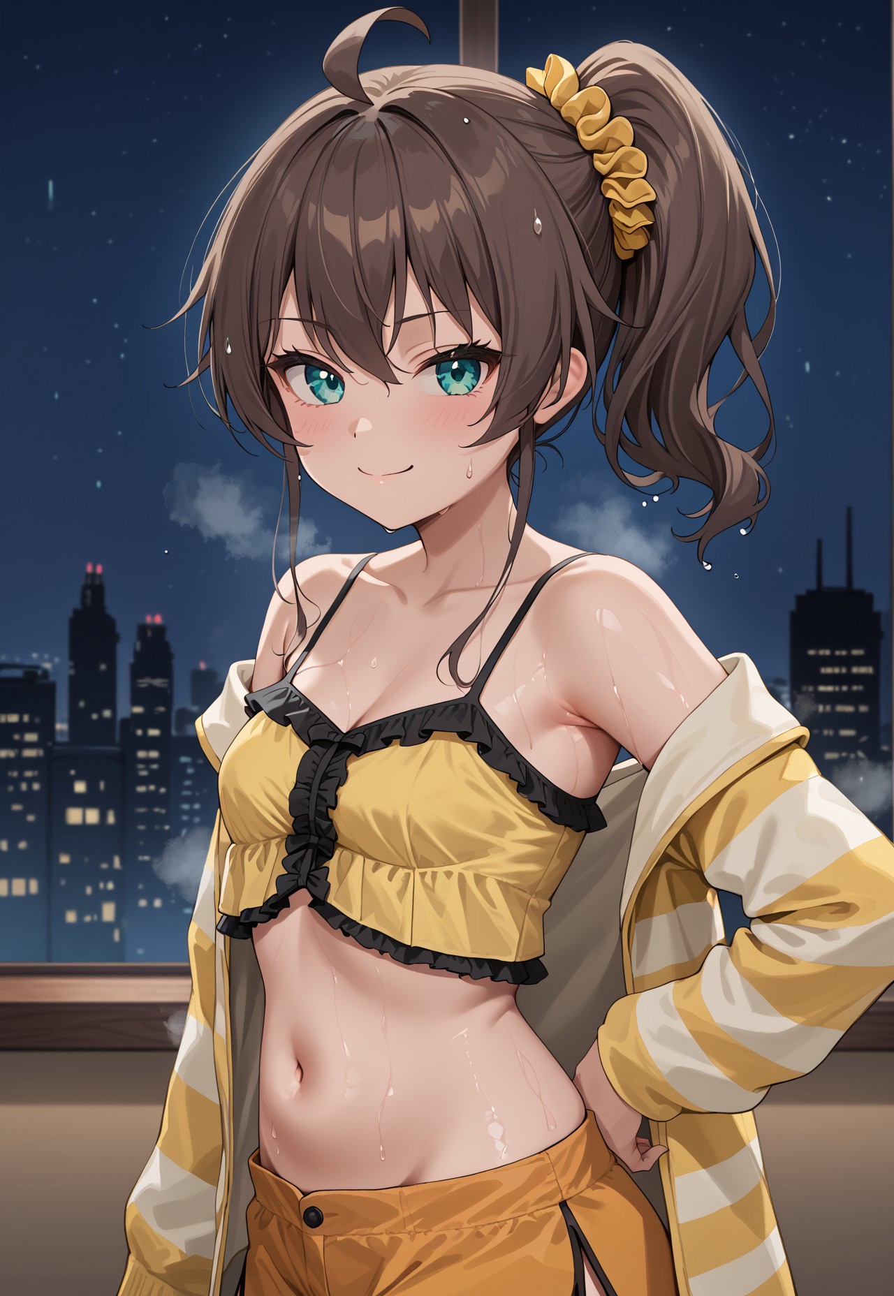 safe_pos, 1girl, solo, solo focus, highres, absurdres, Matsuri2nd, brown hair, bangs, side ponytail, ahoge, hair scrunchie, hair between eyes, hair ornament, aqua eyes, yellow scrunchie, medium hair,

small breasts, midriff, navel, collarbone, bare shoulders, cleavage, camisole, frills, short shorts, orange shorts, yellow jacket, open jacket, striped jacket, long sleeves,

looking at viewer, smug, closed mouth, from side, 

(((wet, sweat, sweatdrop, steaming body,)))

cityscape, neon lights, window, dark, night, night sky, light particles, backlighting, 