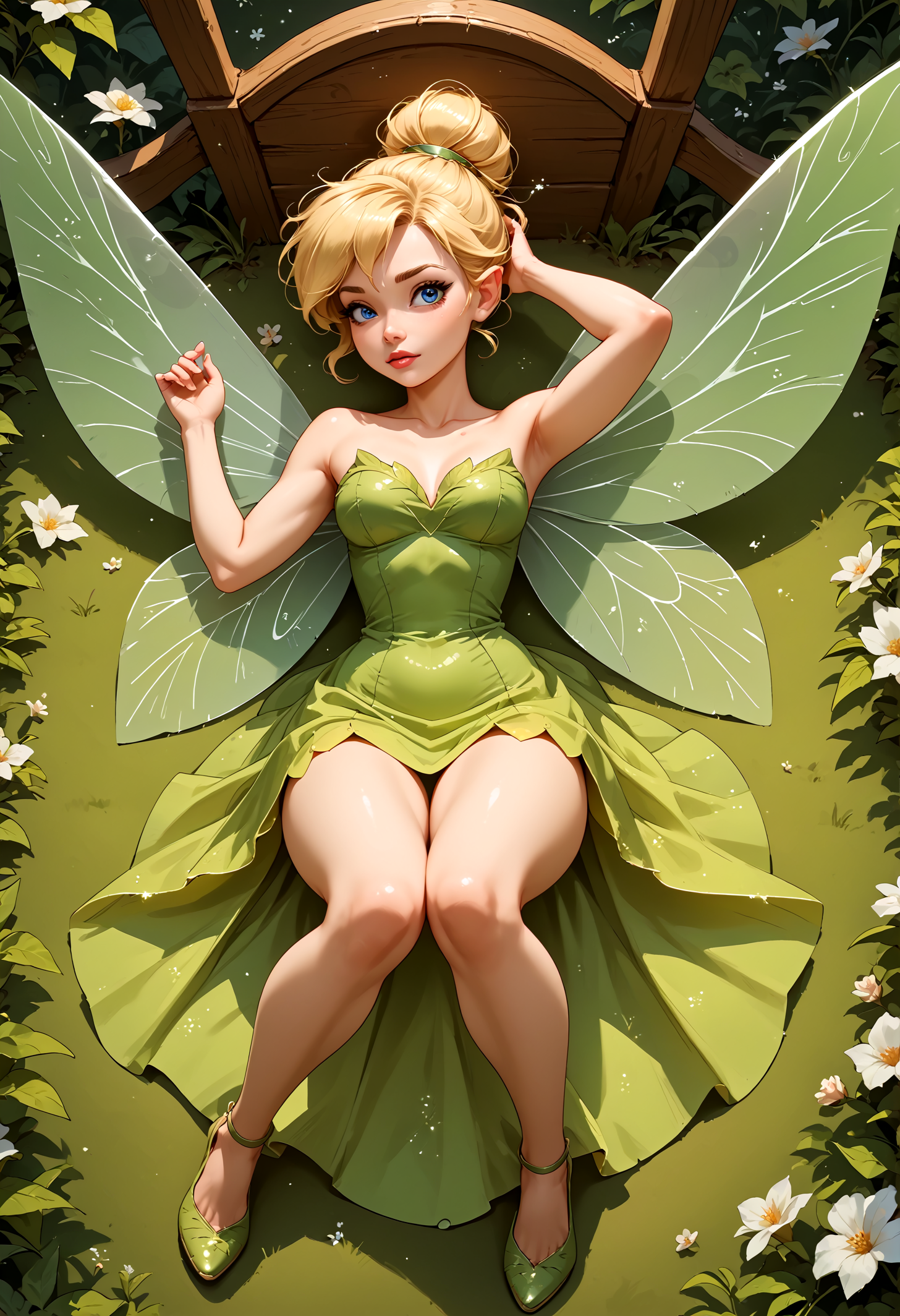 score_9, score_8_up, score_7_up, tinkerbell fairy, sexy <lora:tinkerbellPonyXL_character:0.6> TinkerWaifu, fairy wings, blue eyes, see through silk green dress, sexy, blonde hair bun, beautiful, glamour pose, on back, legs spread,skirt lift, flying, knees apart, hourglass figure, glade, fantasy, blossom, front view