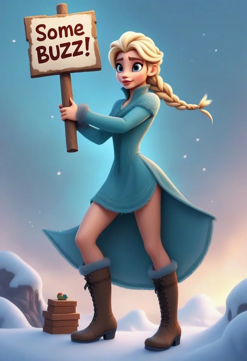,score_9_up, score_8_up, score_7_up, ,score_6_up, elsa:1.4, looking at viewer, (skinny figure:1.3), (Elsa's braids), (looking over her shoulder flirtatiously), (tight icy-blue short dress:1.4), magical frost high hill boots, (holding sign that says "some buzz?", buzz),