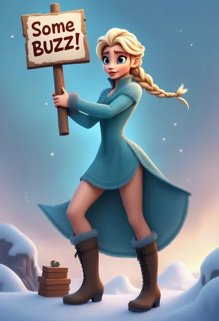 ,score_9_up, score_8_up, score_7_up, ,score_6_up, elsa:1.4, looking at viewer, (skinny figure:1.3), (Elsa's braids), (looking over her shoulder flirtatiously), (tight icy-blue short dress:1.4), magical frost high hill boots, (holding sign that says "some buzz?", buzz),