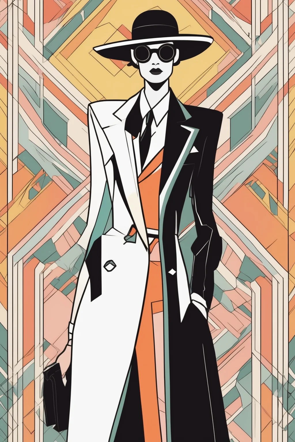 Josh Agle Style - retrocoloring art deco geometric stylized cartoon of an androgynous high fashion couture spy
