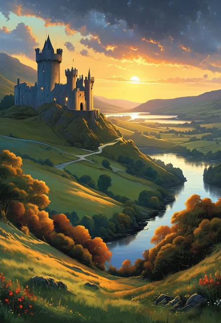 A captivating night scene illustration featuring Camelot large  hill overlooking a lake in Wales.   Camelot ancient but well maintained and updated and comfortable to live in.  Smoke rises from the chimneys.  This enchanting artwork captures a serene and peaceful early morning, where the sun is just starting to rise over the beautiful hills and Camelot  which   stands resolute amidst hills of Wales, creating a cinematic experience back to the times of King Arthur and his knights, 
 illustration, cinematic
<lora:DonM3t3rn1tyXL-v1.1:0.7>, DonM3t3rn1tyXL,
OverallDetailXL  <lora:MJ52:0.3>  <lora:SDXLFaeTastic2400:0.4>  <lora:EpicF4nta5yXL:0.7>