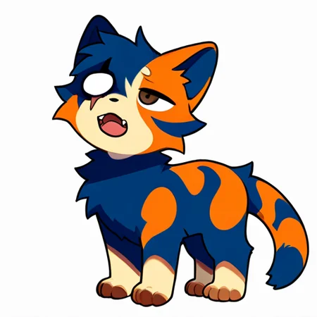 xvx_magenta,
1boy, (calico cat, ((feral, feral male, male)), (quadruped), ((slightly chuuby)), (((blind eye, scar over blind eye))), moustache-like fur, tricolor, (brown fur), (dark blue fur), (light hazel fur), (color divided fur), (fur segmented), (face fur segmented:1.2), segmented ears fur), eyes light hazel, (chest light hazel), (light hazel paws), pawpads pink, irregular rings tail, brown eyes, fuzzy fur, ((animal fur not hair)), (((small, short stature))), ((fangs:1.3)), 4 feet toes),
simple background, patron background