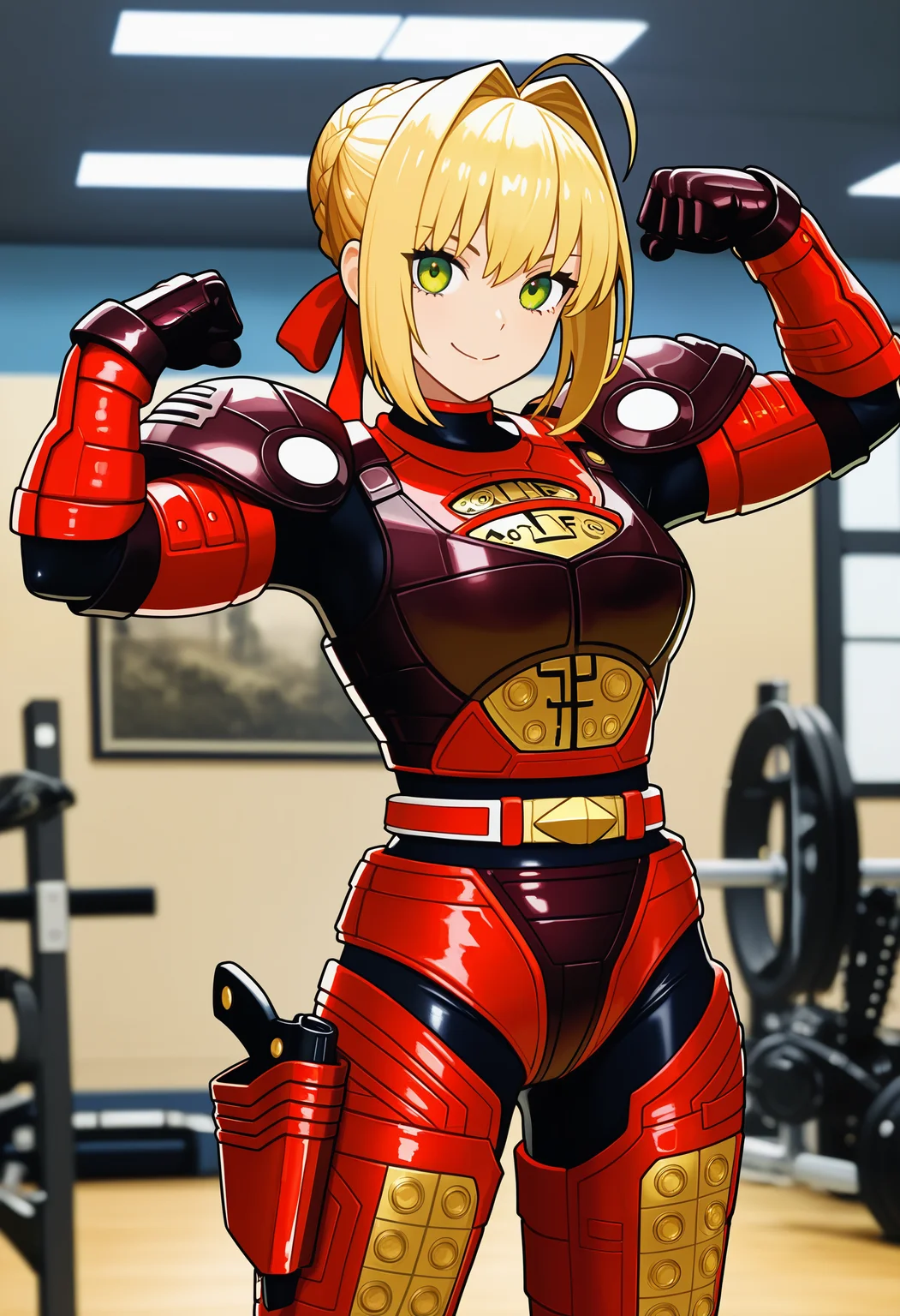 1girl, solo, R3ddle, armor, bodysuit, shoulder pad, gloves, belt, holster, shiny clothes, (nero claudius (fate):0.9), blonde hair, green eyes, flexing, looking at veiwer, smile, cowboyshot,
indoors, gym,
best quality, very aesthetic, masterpiece,