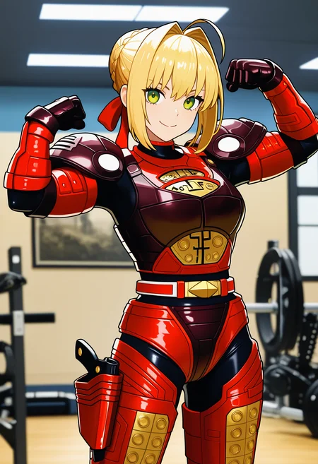1girl, solo, R3ddle, armor, bodysuit, shoulder pad, gloves, belt, holster, shiny clothes, (nero claudius (fate):0.9), blonde hair, green eyes, flexing, looking at veiwer, smile, cowboyshot,
indoors, gym,
best quality, very aesthetic, masterpiece,