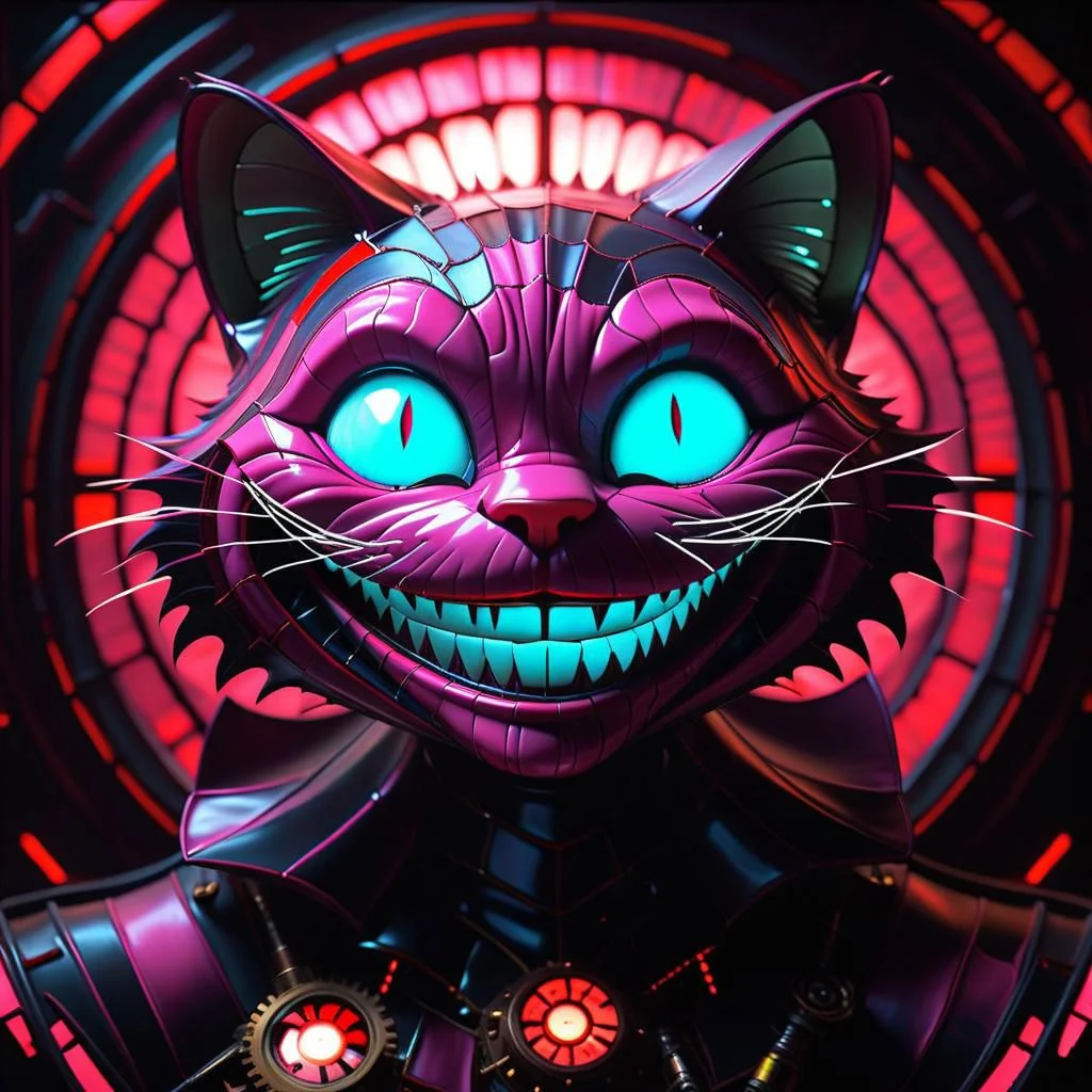 Cheshire cat, big grin, clockwork, steampunk, stained glass, fiber optic, red neon, troncore, radial, dark futuristic, dark space background