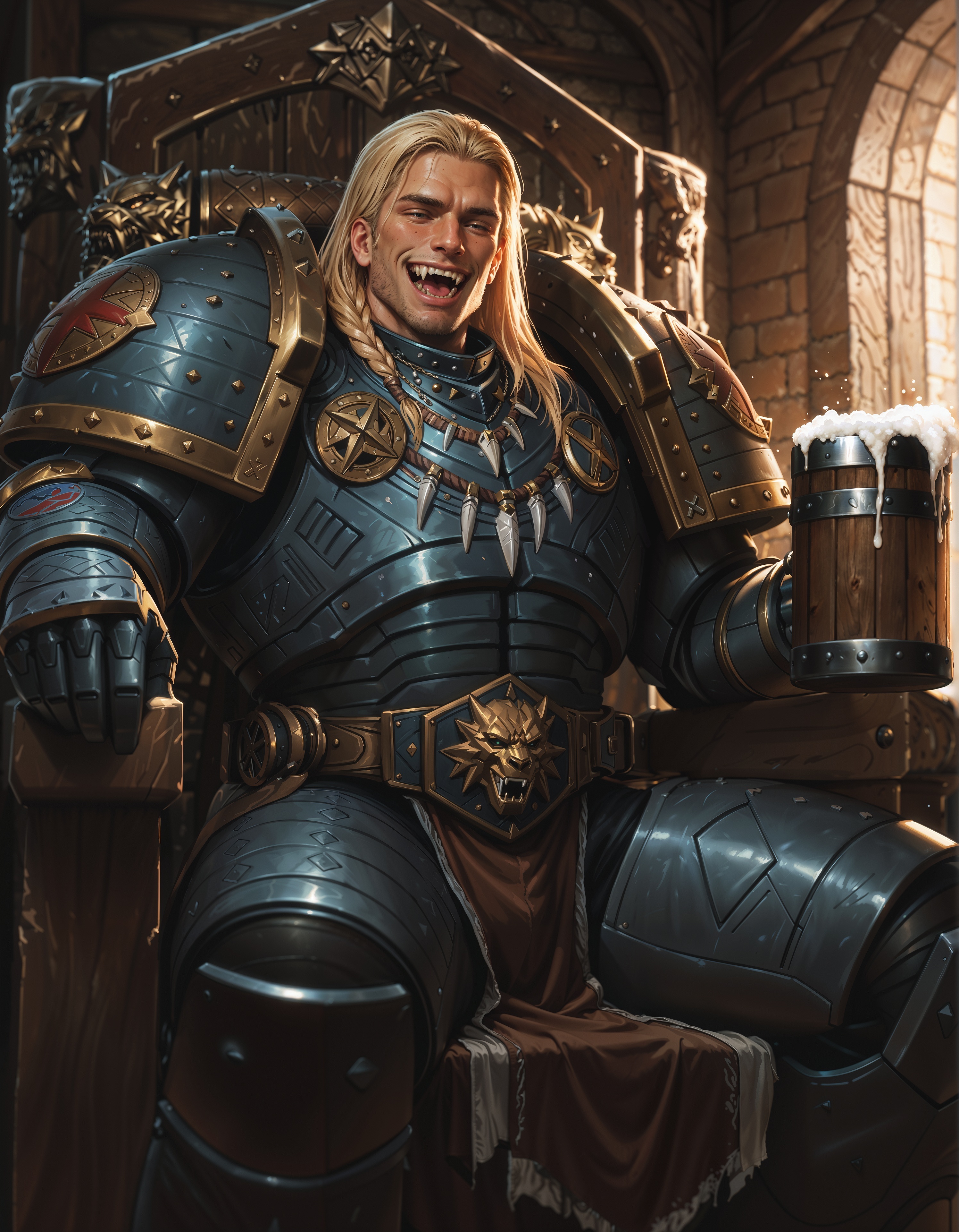 masterpiece, best quality,high quality, newest, highres,8K,HDR,absurdres, dynamic angle, realistic, 1boy, iLLemanR40K, solo, fangs, necklace, power armor, happy, drunk, large beer mug, Viking hall, sitting on a throne <lora:iLLemanR40K:1>