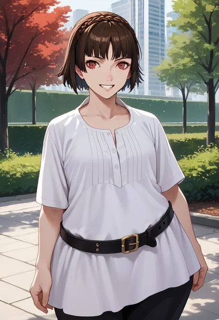 score_9, score_8_up, score_7_up, score_6_up, score_5_up, score_4_up, source_anime
1 girl, solo
p5makoto, niijima makoto, brown hair, blunt bangs, crown braid, red eyes,
p5makoto-sumcas, shirtdress, dress, white dress, open collar, black pants, capri pants, black belt, thin belt, loose belt, 
outside, park, trees, greenery, standing, smile, teeth, looking at viewer,