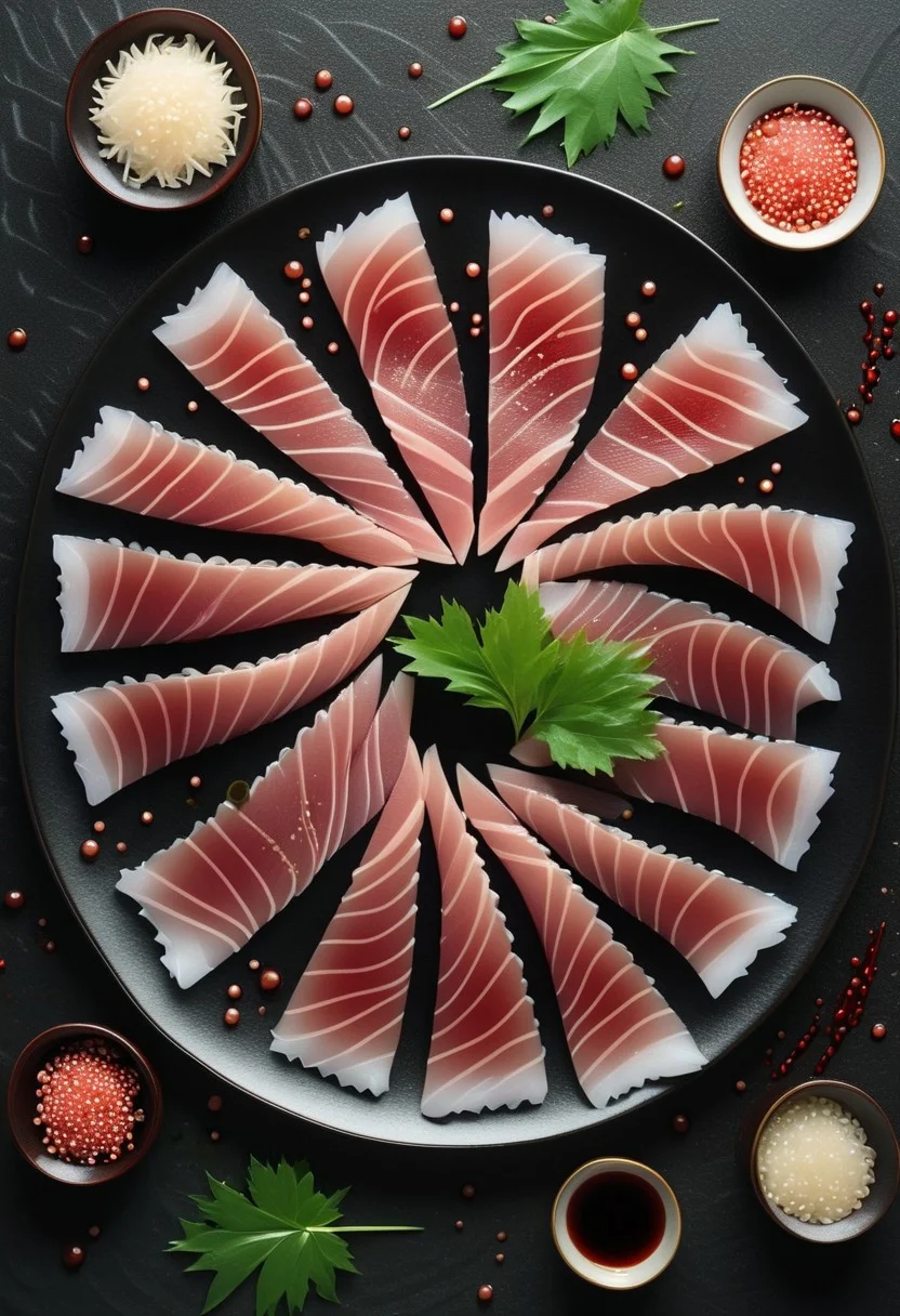 Elegant Still Life of Tuna Sashimi, Deep Red Tuna Slices Arranged in a Fan Pattern, Surrounded by Floating Soy Sauce Droplets, Lightly Garnished with White Sesame Seeds and Shiso Leaves, Set on a Smooth Black Plate with a Subtle Gloss Finish, Highlighting the Raw Beauty and Texture of Sashimi