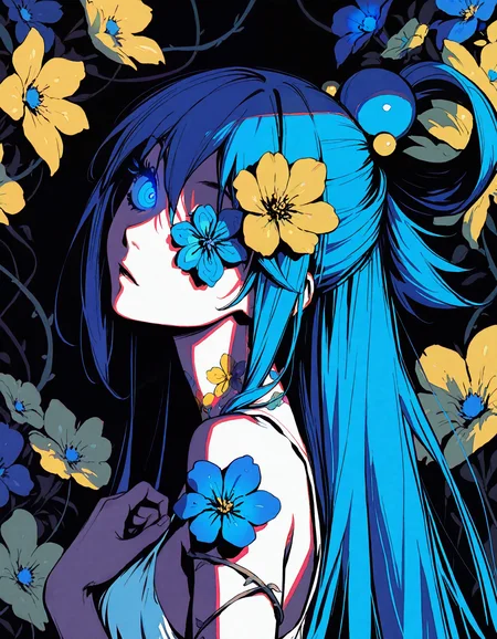 masterpiece,best quality,newest,very aesthetic,absurdres,very awa,highres,(yoneyama mai:0.4),(rella:0.4),(cutesexyrobutts:0.4),(ilya kuvshinov:0.4),newest,year 2024,year 2023,<lora:ponyv4_noob1_2_adamW:0.6>,limited palette,(monochrome:1.2),only blue and yellow colours,(dark:1.1),(light:1.1),
1girl,aqua \(konosuba\),blue eyes,blue hair,looking at viewer,(white sundress),(sleeveless dress),(blue flowers:1.1),(yellow flowers:1.1),glowing eyes,(flower tattoo on neck),hair flower,flower on face,(flowers on background:1.1),(vines on arms),(flower in eye:1.2),(flower on eye:1.2),(flower grows out of the eye:1.2),
hands on own chest,face-to-face,head tilt,
portrait,simple background,from side,abstract,close-up,