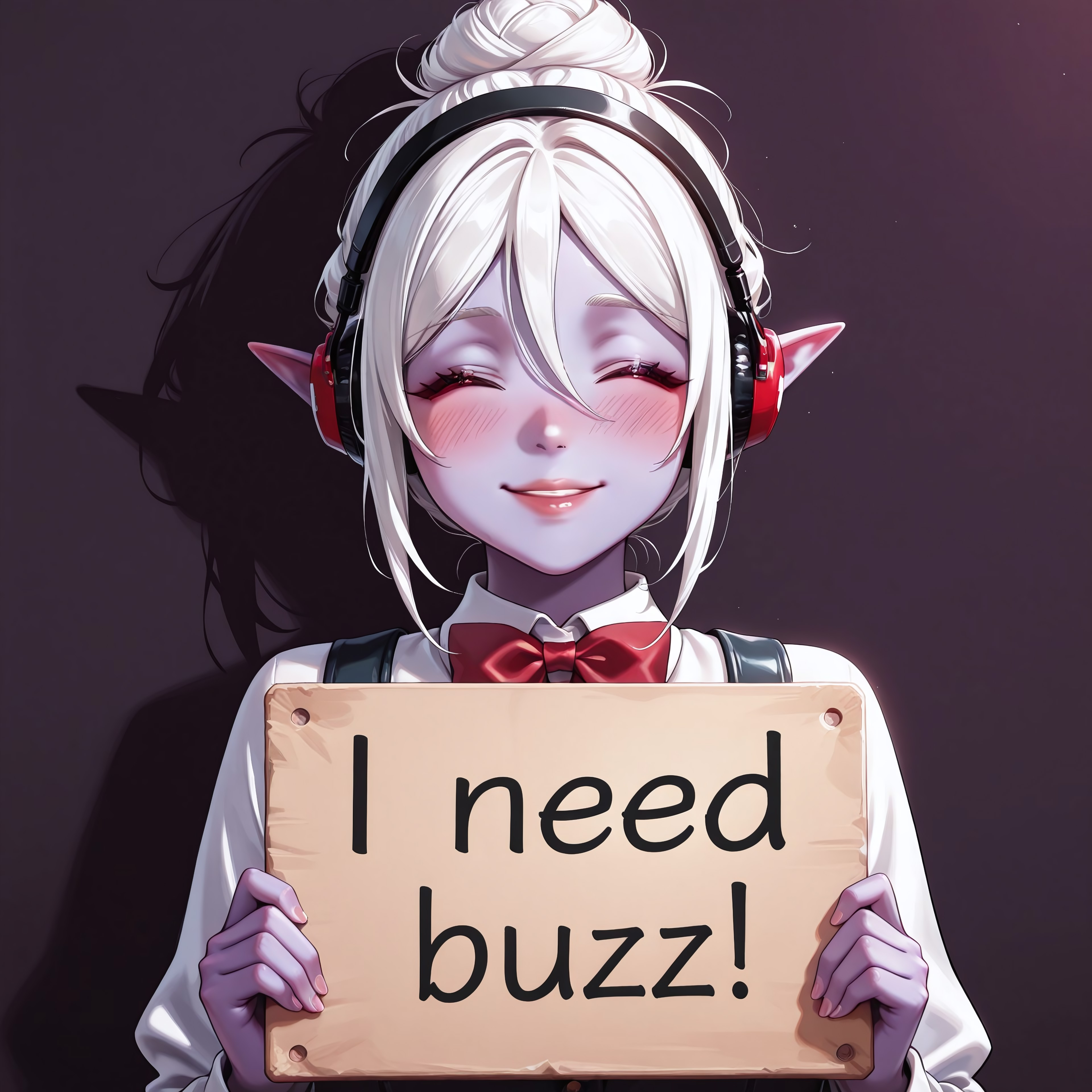 score_9, score_8_up, score_7_up, score_6_up, anime, beautiful, stunning, masterpiece, best quality, amazing quality,

minthara, white hair, dark elf, red eyes, short hair, single hair bun, purple skin

need_buzz, holding sign, need_buzz, need_buzz

1girl, solo, closed eyes, holding, smile, bow, bowtie, simple background, hairband, blush, red bow, facing viewer, red bowtie, headphones, hair between eyes, upper body, lips, parted lips