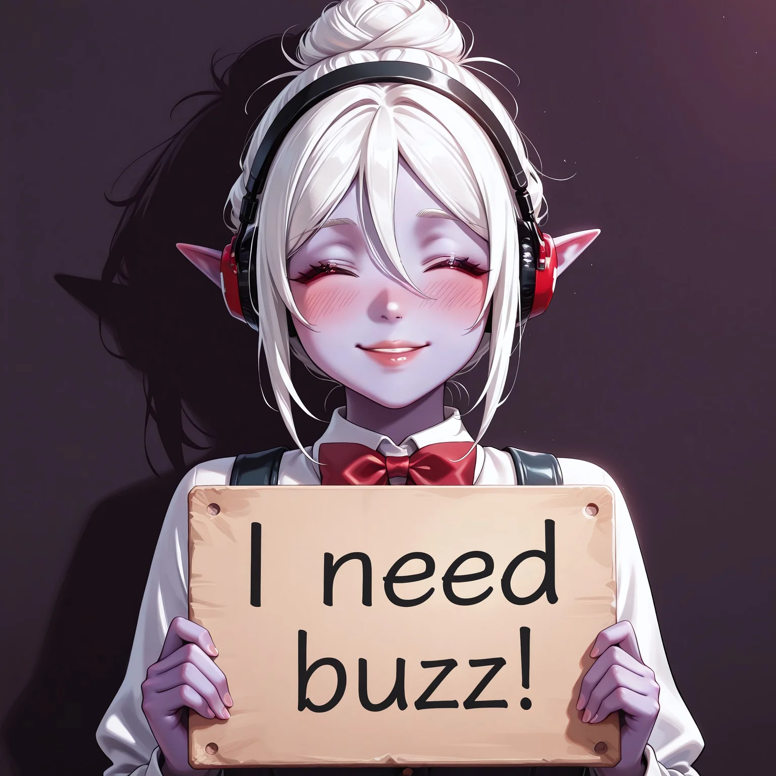 score_9, score_8_up, score_7_up, score_6_up, anime, beautiful, stunning, masterpiece, best quality, amazing quality,

minthara, white hair, dark elf, red eyes, short hair, single hair bun, purple skin

need_buzz, holding sign, need_buzz, need_buzz

1girl, solo, closed eyes, holding, smile, bow, bowtie, simple background, hairband, blush, red bow, facing viewer, red bowtie, headphones, hair between eyes, upper body, lips, parted lips