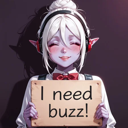 score_9, score_8_up, score_7_up, score_6_up, anime, beautiful, stunning, masterpiece, best quality, amazing quality,

minthara, white hair, dark elf, red eyes, short hair, single hair bun, purple skin

need_buzz, holding sign, need_buzz, need_buzz

1girl, solo, closed eyes, holding, smile, bow, bowtie, simple background, hairband, blush, red bow, facing viewer, red bowtie, headphones, hair between eyes, upper body, lips, parted lips