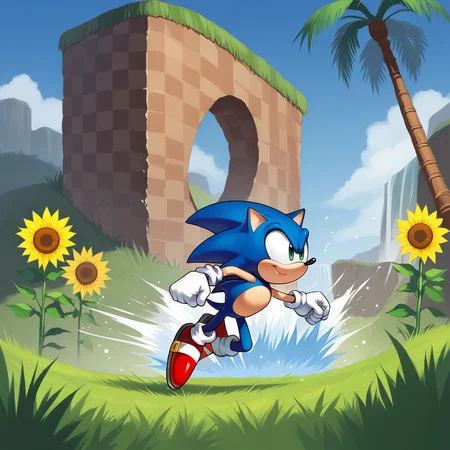 score_9, score_8_up, score_7_up, score_6_up, score_5_up, score_4_up, zPDXL2,source_anime,rating_questionable, 1girl, solo, sonic the hedgehog, red shoes, from side, running, motion blur, motion lines, smile, <lora:Green_Hill_Zone:0.7> gr33nh1ll, outdoors, grass, blue sky, palm tree, sunflowers, checkered dirt, tikis, waterfalls, loops