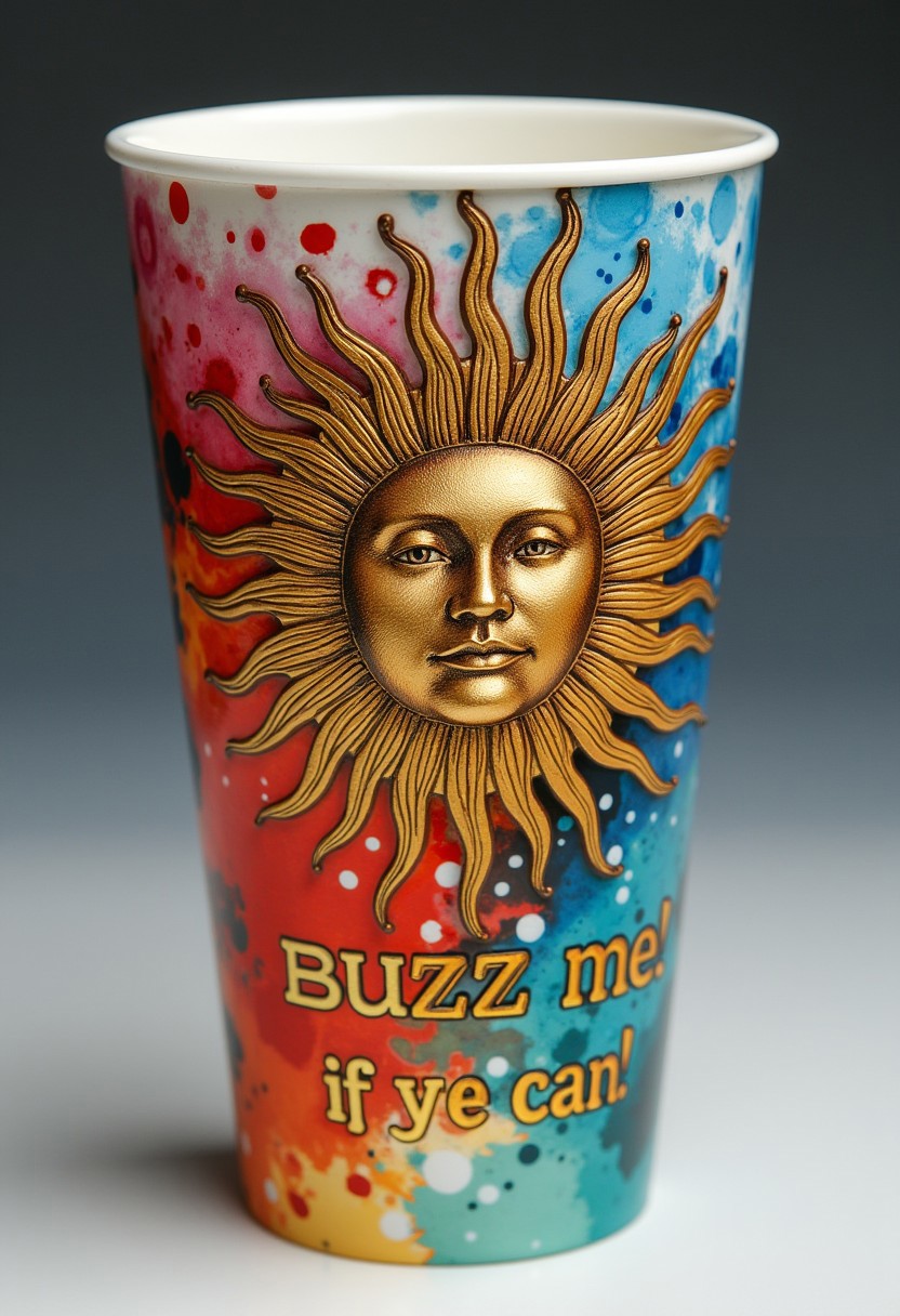 Massive coffee mug 3D artwork to use with vibrant swirl alcohol ink designs. The cup is decorated with splashes of multi-colored paint, blending seamlessly into the background, giving it a dynamic and fluid appearance. Clearly engraved on the front is a dazzlingly radiant sun, its rays beautifully engraved above the bold text "BUZZ me! if you can! The sun's intricate details contrast with the abstract and vibrant colors of the cup, creating a harmonious balance between the structured engraving and the flowing ink pattern with free