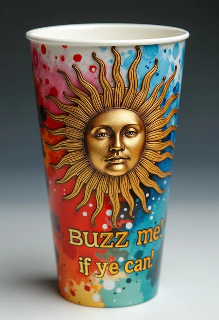 Massive coffee mug 3D artwork to use with vibrant swirl alcohol ink designs. The cup is decorated with splashes of multi-colored paint, blending seamlessly into the background, giving it a dynamic and fluid appearance. Clearly engraved on the front is a dazzlingly radiant sun, its rays beautifully engraved above the bold text "BUZZ me! if you can! The sun's intricate details contrast with the abstract and vibrant colors of the cup, creating a harmonious balance between the structured engraving and the flowing ink pattern with free