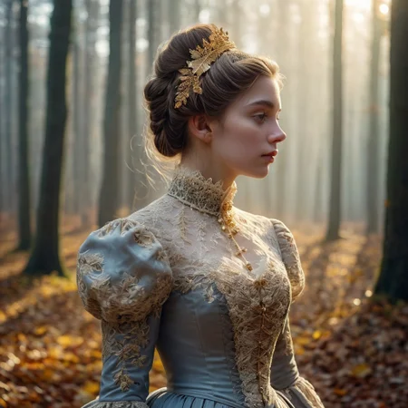 epiCRealism, masterpiece, highly detailed, one girl in a extremely detailed Victorian dress, lace and embroidery with golden leaves and pearls, hair made in a high bun, she walks alone through a late autumn forest in a cold morning, the Sun has just risen and timid sun-rays pierce the autumn leafs and reaches the early mist that clings to the earth, time stands still while early snowflakes falls from a grey sky