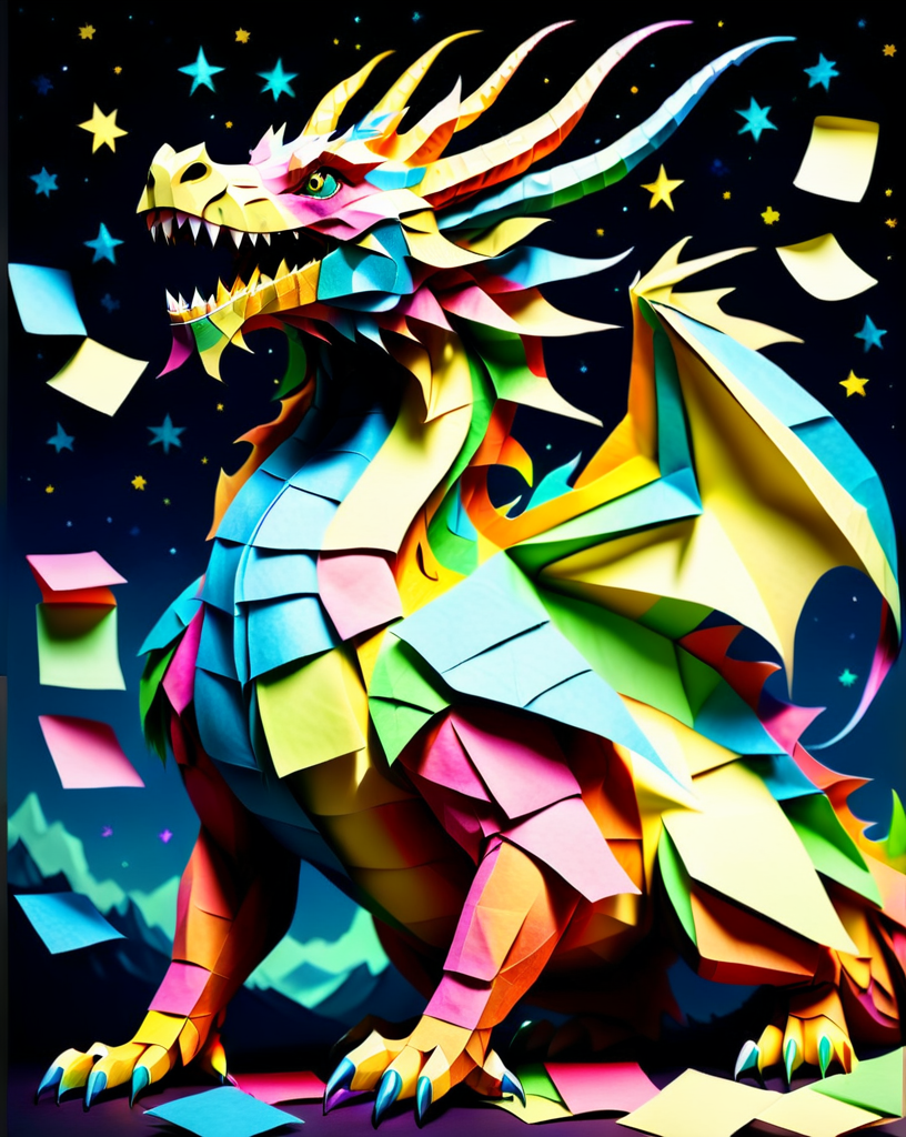 a massive colorful dragon made out of Jed-StickyN, dynamic pose, dynamic angle, dark fantasy, epic, intricate details, ultra wide shot, zoomed out, side view, 
<lora:StickyNotesStyle:1>,  <lora:add-detail-xl:0.7>,  <lora:sd_xl_dpo_lora_v1:1>, <lora:xl_more_art-full_v1:0.3>,  set against a  background of a starry sky,