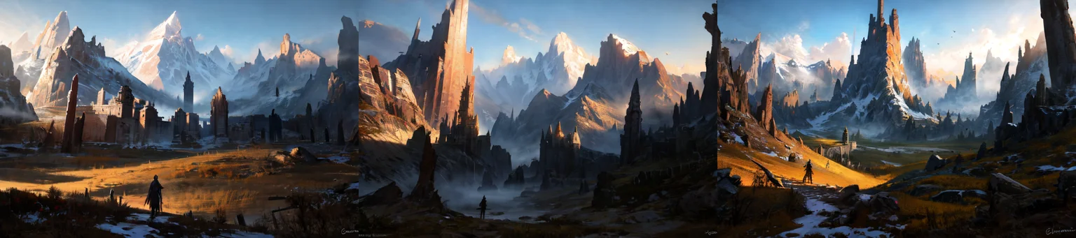 (otherworldly), highly insanely detailed, masterpiece, top quality, best quality, highres, 4k, 8k, RAW photo, epic medieval fantasy, 1boy, bird, fanmou, landscape, mountain, nature, outdoors, ruins, sky, solo, tree, winter, <lora:Fantasy_Mountains:0.7>, epiCPhoto, (fantasy world)