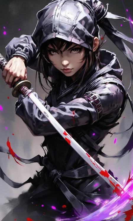 A long-haired girl in a black ninja suit and mask, holding a samurai sword in a fighting stance, with blood stains on the scabbard, purple light and shadows surrounding her big eyes, she stares firmly at the viewer. Dark background<flux.1_lora_flyway_ink-dynamic.safetensors:1.2:1.2>