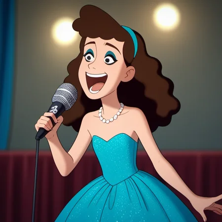 solo, 1girl, betcg1, brown hair, young, shiny ballgown, singing, standing beside microphone, necklace, eye makeup, black eyes, strapless, open mouth, long hair, blurry background, smokie nightclub, <lora:betcg1-000009:1>, score_9, face detail, score_7_up, score_8_up,