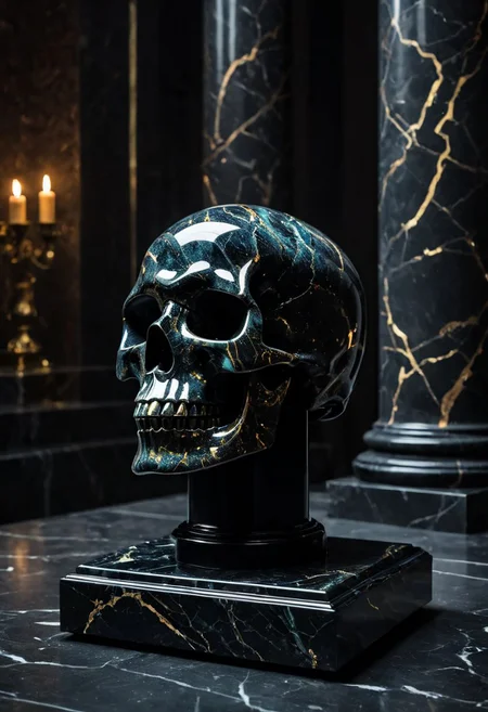 Fujifilm XT3, Sony A7 IV, (award winning photography) a (black: 0.89) marble skull made of opal (Kintsugi: 0.89) set on a pedestal in temple, glistening. in the background beautiful pillars, divine (iridescent: 0.79), opalescent textures, volumetric light, ethereal, sparkling, studio photo, highly detailed, sharp focus (highest quality: 1.39) (highest coherency: 1.39) (award winning photography), highly detailed photography, (muted colors, cinematic, dim colors, soothing tones:1.2), vibrant, insanely detailed, hyperdetailed, (dark shot:1.2), (vsco:0.3), (intricate details:0.9), (hdr, hyperdetailed:1.2) (vignette), sss, raw photo, fijifilm, kodak, cinematic film grain
