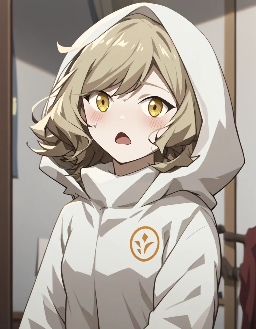 score_9,score_8_up,score_7_up,source_animelamiya, anotherstyle, 1girl, solo, yellow eyes, blush, looking at viewer, open mouth, brown hair, bangs, hood,<lora:lamiya_pony:0.75>,<lora:Anime_Screencap:1>,anime screencap,