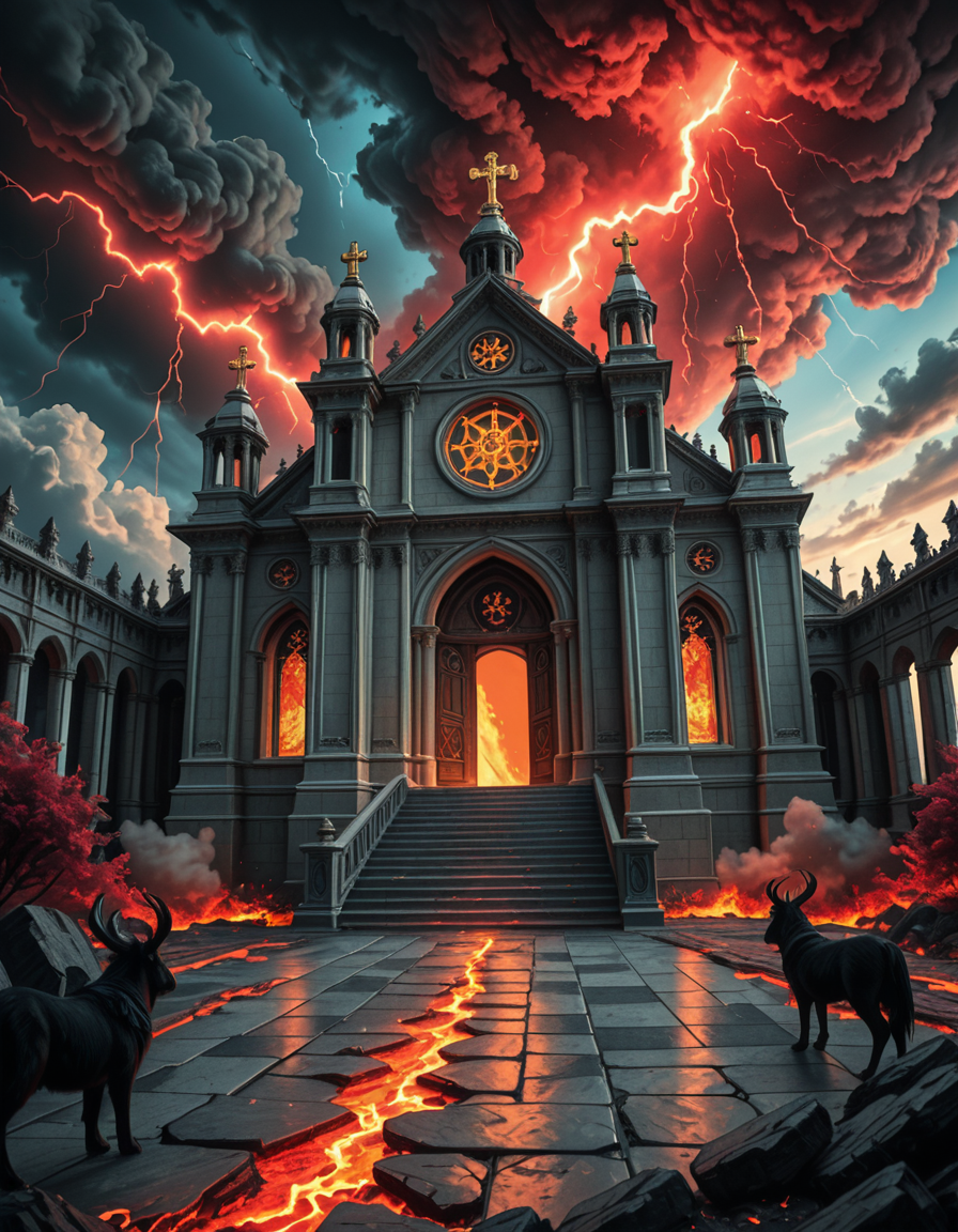 A once-majestic celestial temple, now under siege by the forces of Hell. The grand white stone structure is cracked and scorched, its golden crosses twisted and broken. The stained-glass windows, once glowing with warm divine light, are now shattered, with demonic symbols glowing ominously in their place. The sky, once a serene blue, is now consumed by dark storm clouds, swirling with red lightning and thick smoke.
Black, jagged chains extend from the sky, wrapping around the temple as if trying to pull it down into the abyss. The once-fluffy clouds beneath the structure are now a chaotic mix of fire, ash, and dark mist, with glimpses of molten lava cracks below. Infernal creatures with glowing red eyes lurk in the shadows, their silhouettes barely visible through the smoke and fire.
The temple doors are blown open, revealing an eerie red glow emanating from within, as if Hell itself is consuming the sacred space. Massive demonic runes are etched into the stone, pulsating with an unholy energy. The entire scene is bathed in a deep crimson and orange glow, giving it an apocalyptic and nightmarish atmosphere.
Style & Lighting:
- Dark fantasy, highly detailed
- Dramatic, high-contrast lighting with fiery glows
- Cinematic composition, epic scale
- Strong use of shadows, embers, and atmospheric foghighly detailed and atmospheric view from inside a massive birdcage, large enough for a human to stand inside. The cage is made of ornate, aged metal bars with intricate Victorian-style patterns, curving elegantly towards the domed ceiling. Sunlight filters through the gaps between the bars, casting long, dramatic shadows on the wooden floor. Delicate vines and small flowers have begun to grow around the bars, adding a touch of nature reclaiming the space. The background beyond the cage is blurred, hinting at a lush garden or a mysterious, abandoned mansion. The ambiance is serene yet slightly melancholic, with warm golden light illuminating dust particles floating in the air. Soft feathers are scattered on the floor, adding to the sense of quiet abandonment. The perspective makes the viewer feel as if they are inside the cage, looking outward, surrounded by both beauty and confinement. The style is highly detailed and realistic, with a cinematic and slightly surreal atmosphere.
<lora:SDXLFaeTastic2400:0.4> <lora:extremely_detailed:0.4> extremely detailed, <lora:evil_celestial_t3mpl3-i:1>,evil celestial t3mpl3, Masterpiece,best quality,hi res,8k,hi res,8k,award winning,(sharp focus, intricate, highly detailed),