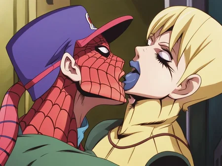 Spiderman kissing a mutant alien JojosoStyle <lora:SDXL-JojosoStyle-Lora-v2-r16:0.8>