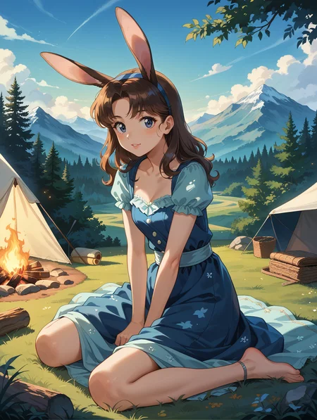 score_9, score_8_up, score_7_up,source_anime,
charming woman, vintage outfit, retro camping, campfire, patting playful rabbit, sitting on grass, tent, lots of trees, cheerful expression. midnight, low light, dappled moonlight, mountainous horizon, soft lighting, muted colors, high contrast, nostalgic, whimsical, detailed, high-definition, retro style, elegant, classic, serene atmosphere, intricate details, cinematic