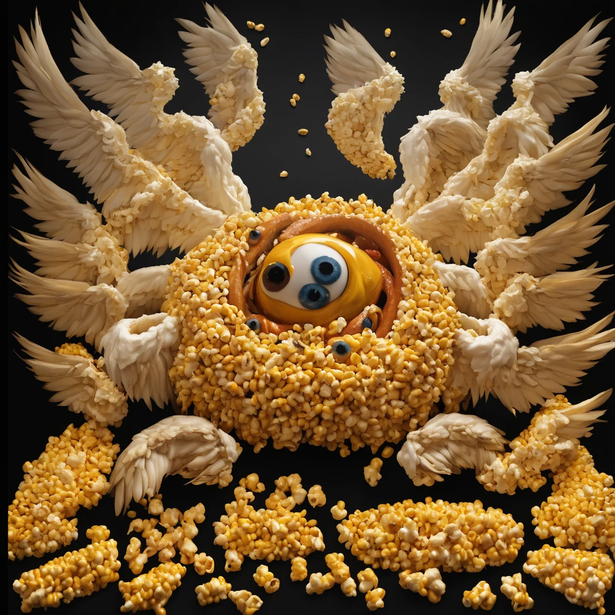 <lora:biblical_angels:1>photographic realism,biblicalangellora, integrated,wings, many eyes, rings,buffalo wings and things, dark background,<lora:CornKernelStyle:0.8>corn kernels,popcorn,KFC