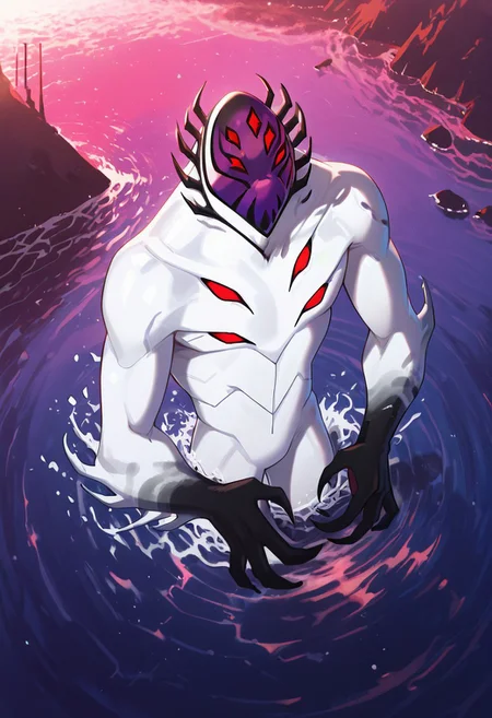 masterpiece, best quality, amazing quality, very aesthetic, absurdres, newest,, detailed background,
highbreed, extra eyes, solo, alien, white skin, purple face, , monster, red eyes, black hands, , claws, black head spikes, white body,
emerging from water, giant, splash, ships, from above, kaiju,