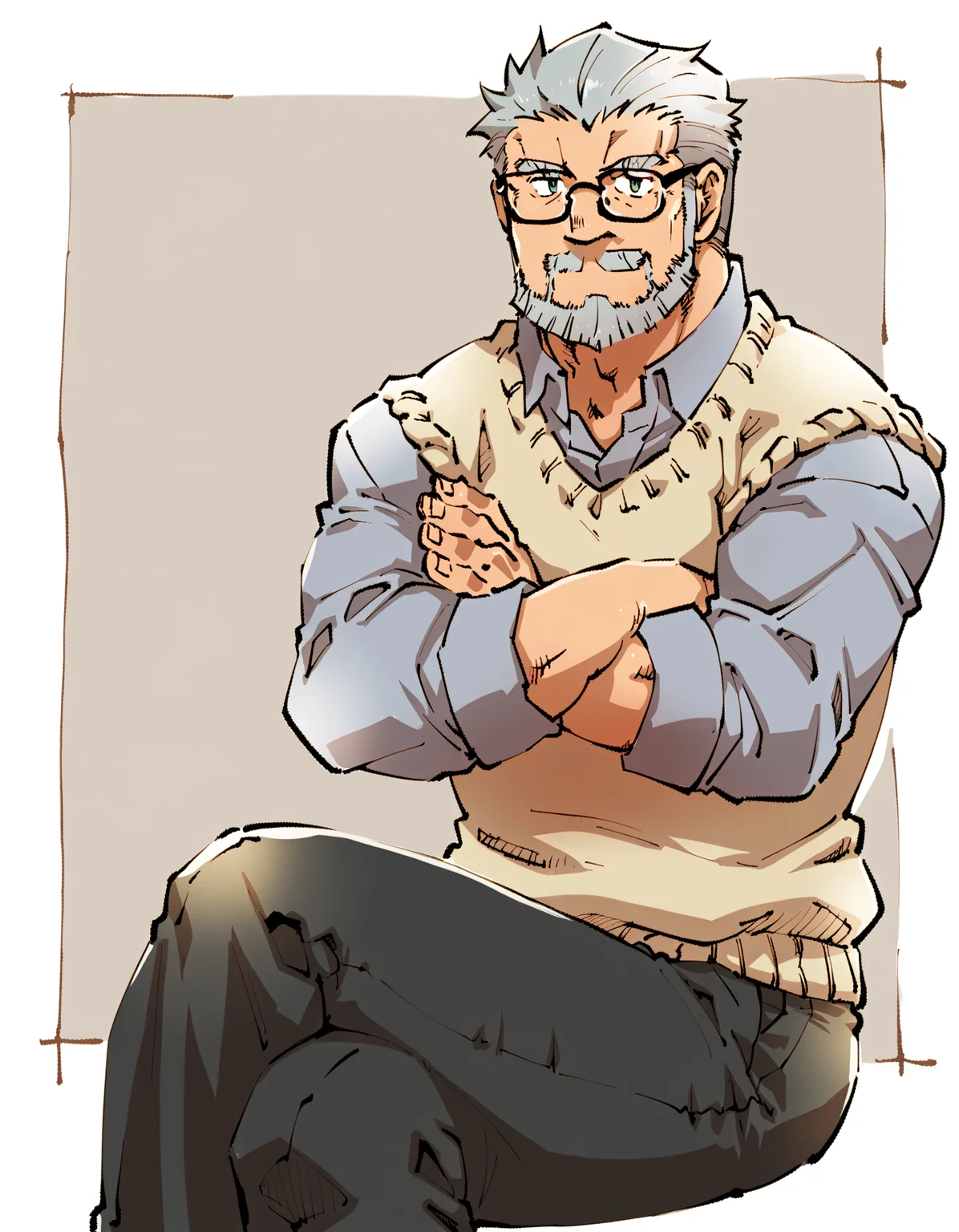 <lora:torieda_ponyXL_v1.0:1>, torieda, BRAKE best quality, amazing quality BRAKE solo, short hair, shirt, 1boy, sitting, grey hair, male focus, glasses, collared shirt, pants, muscular, feet out of frame, facial hair, black pants, crossed arms, crossed legs, muscular male, bara, grey shirt, beard, sweater vest, mature male, mustache, old, old man, wrinkled skin