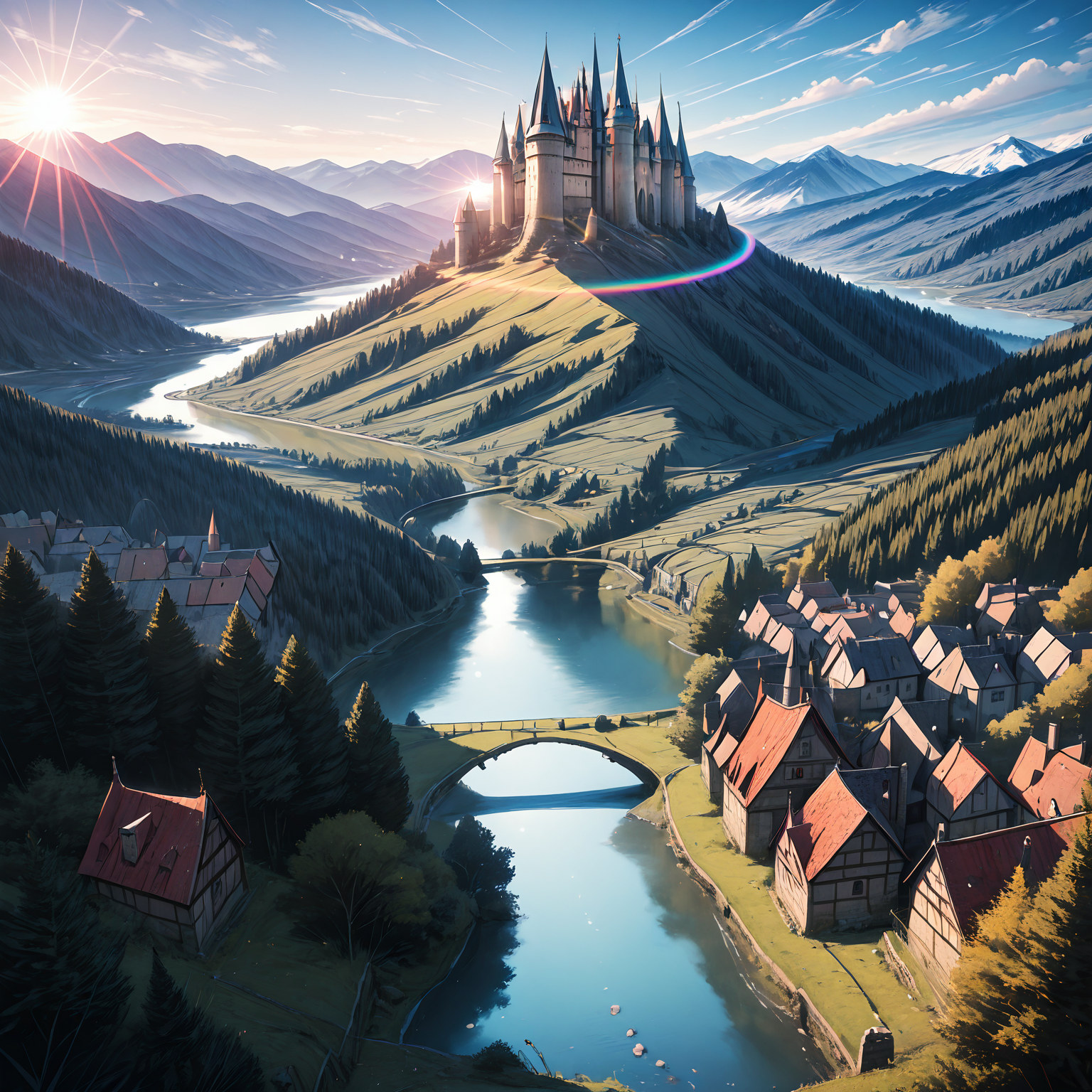 masterpiece,best quality,amazing quality, absurdres, <lora:IL_Between_pencils_and_semi-realism_Style:1>, medieval, village, castle, mountain, forest, river, rainbow, lens flare,