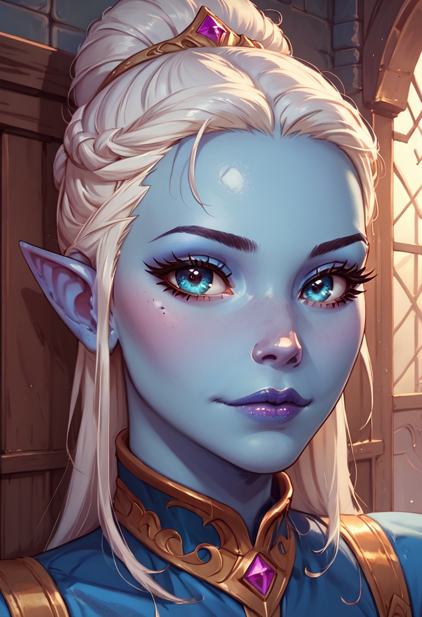 (score_9, score_8_up, score_7_up), stunningly beauty, adorable face, cute,((Lanawyn, blue skin, elves)), very pretty eyes, long eyelashes