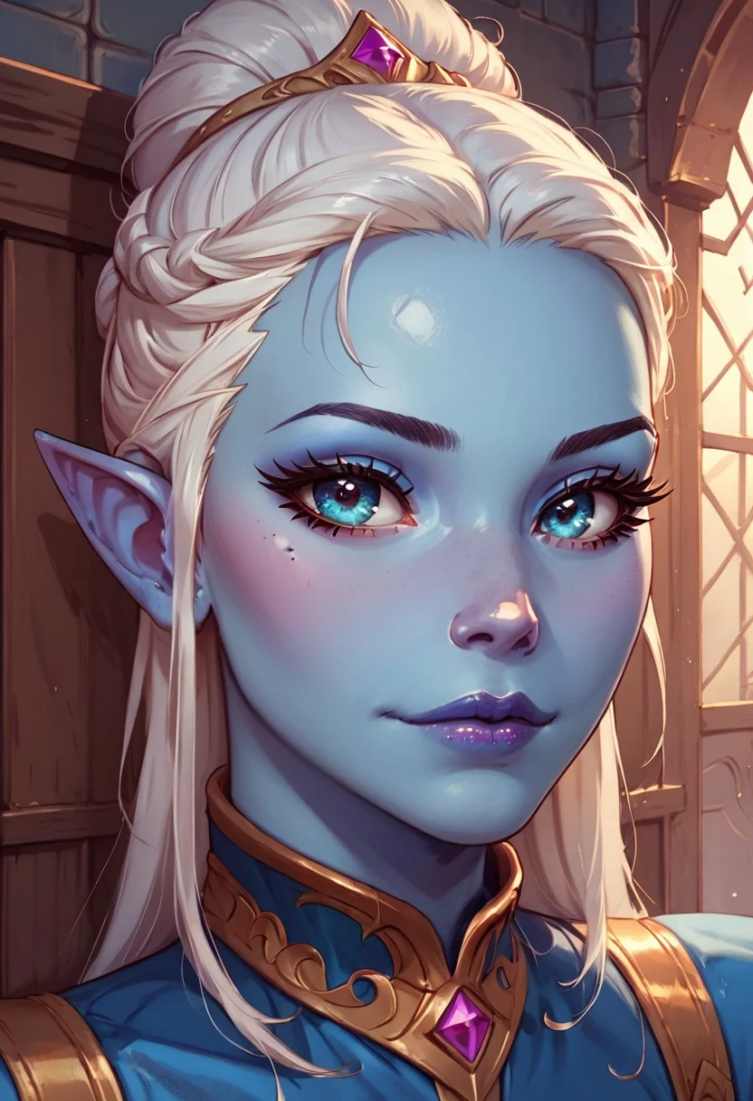 (score_9, score_8_up, score_7_up), stunningly beauty, adorable face, cute,((Lanawyn, blue skin, elves)), very pretty eyes, long eyelashes