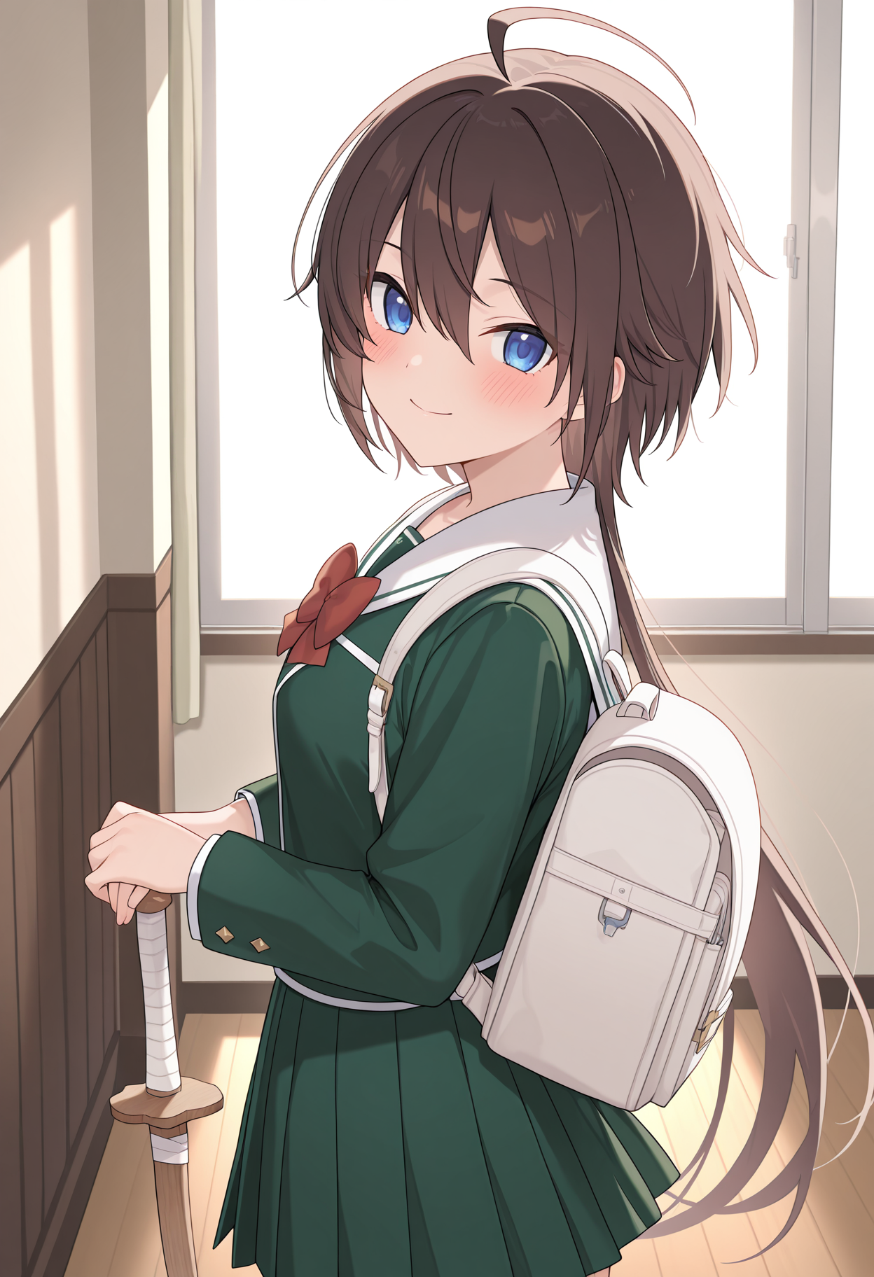 school, indoors, white backpack, unsheathed sword, wooden sword, head tilt, smile, blush, looking at viewer, standing, from side, pcrtomo, very long hair, ahoge, blue eyes, hair between eyes, rlptomo, short hair, brown hair, blue eyes, school uniform, white sailor collar, green jacket, long sleeves, green skirt, shoulder bag, red bowtie, <lora:_tomo_pcr-elesico-ilxl-000013:1> highres, best quality, masterpiece,
1girl, solo,