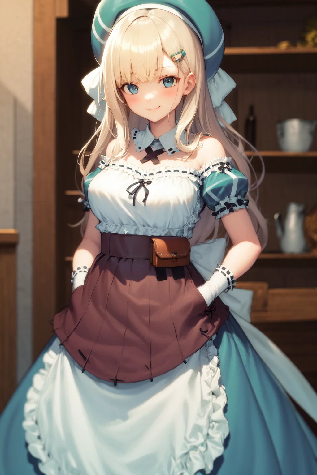 masterpiece, best quality, highres, 1girl yomi, hat dress apron <lora:yomi:1> smile, standing, hands in pockets