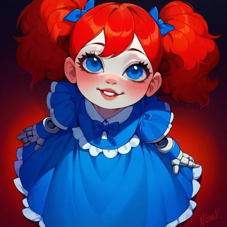 poppy (poppy playtime) , blue eyes , blue dress , red hair , doll joints, 1girl, solo, short, above view, front view, 
score_9, score_8_up, score_7_up, score_6_up, (rating_explicit), source_anime, (2d, 2D artwork), (nsfw),   
  <lora:playtime:1>