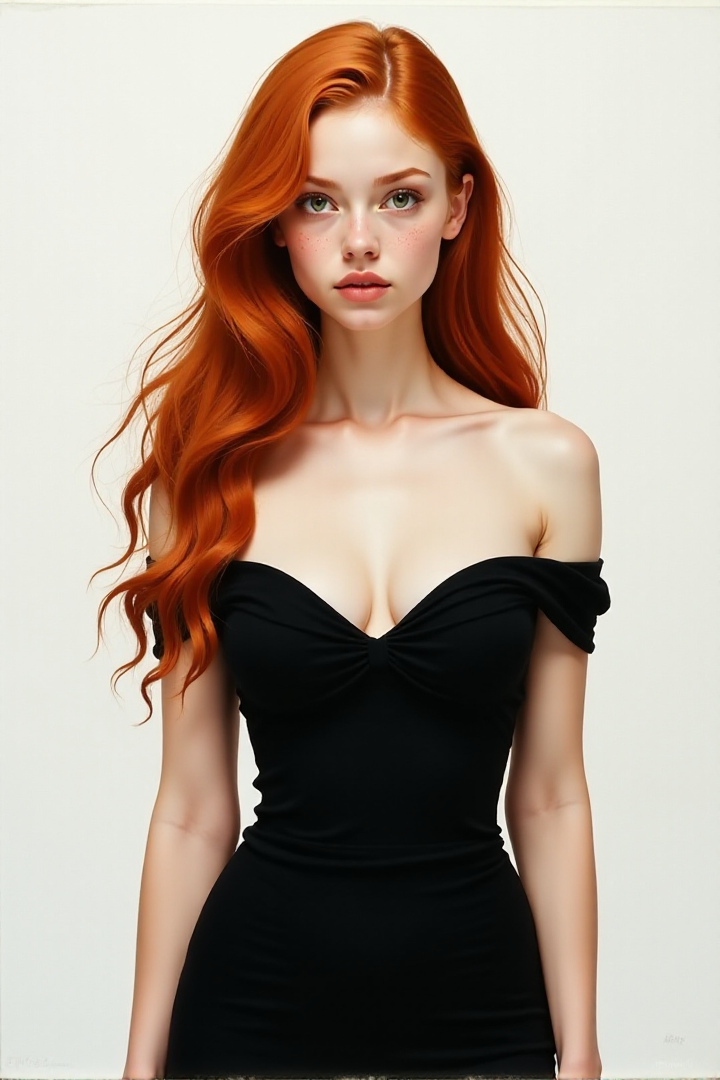 cinematic still Minimalist painting of a young influencer woman (art by Albert Lynch, Abbott Handerson Thayer), very cute, highly detail, best quality, black tight dress with exposed shoulders and low neck line, medium breasts with perky nipples, white splash background, dynamic pose, black outline, innocent, serene, pale skin, green eyes, long flowing red hair, freckles, ultra detailed, romantic, Rembrandt lighting, brush strokes, warm light, magical, extremely coherent, cute, beautiful, cinematic, stunning, creative, positive, cheerful, unique, cool, inspiring, pure, rational, very inspiring, friendly, thoughtful, luminous, magical, perfect, intricate, wonderful, lovely, style of Rembrandt, del1cate_balance style, vantablackâââ