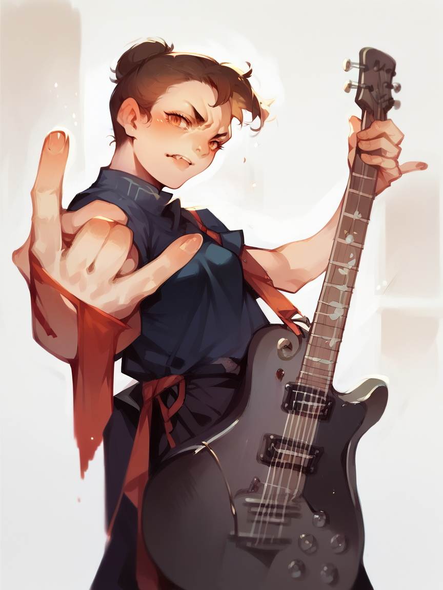 score_9, score_8_up, score_7_up, score_6_up, score_5_up,  <lora:r0ck0n:1> \m/, r0ck0n pose, 1girl, guitar,  <lora:su1zXLP:1> su1z