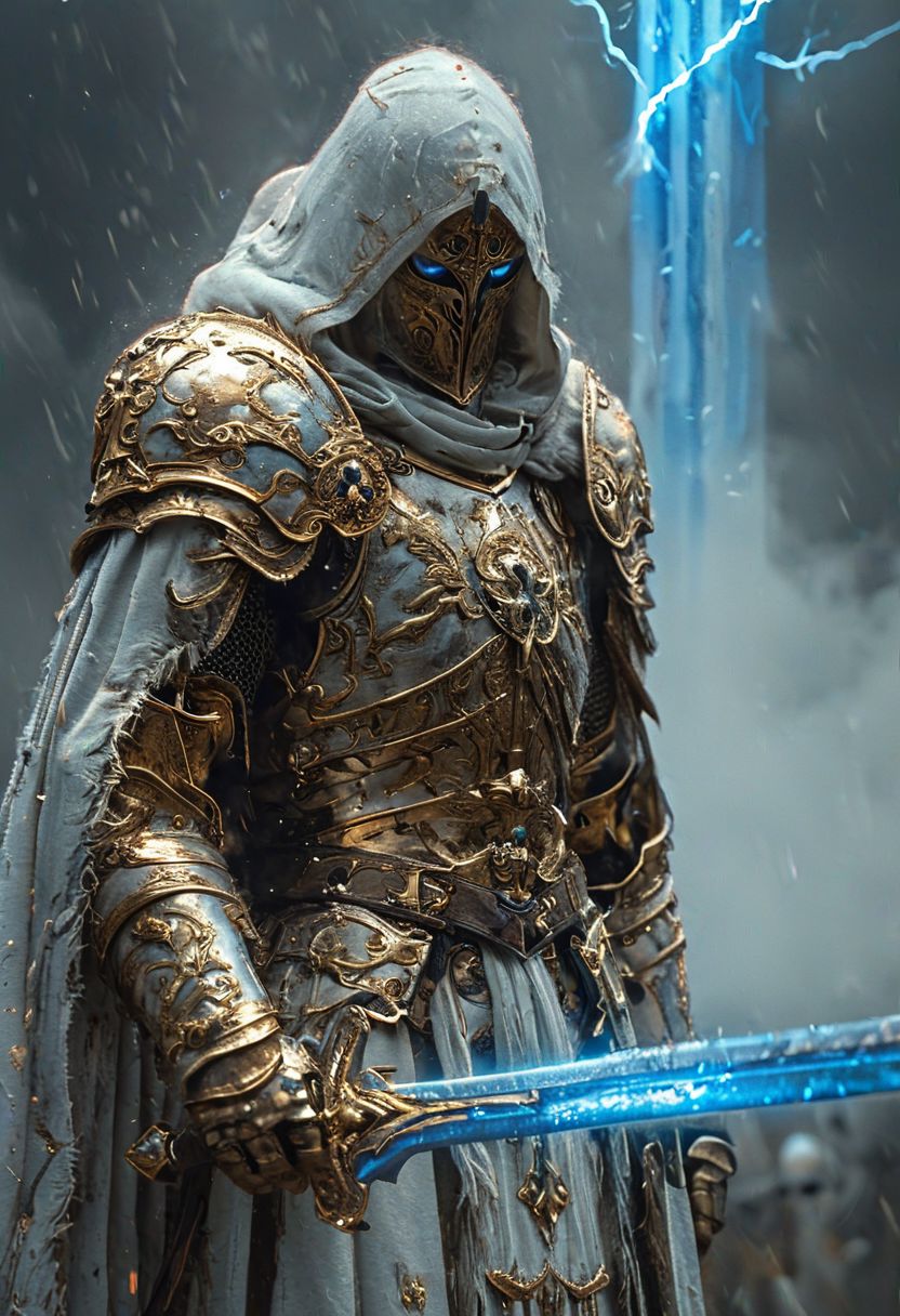 A stunning, highly detailed dark fantasy full body illustration of a proud  warrior wearing intricate medieval white HKStyle armor and an epic white ornamented mask, holding a great golden and blue glowing sword, golden and blue glooming eyes, very wide shoulders, wearing big gauntlets, epic composition. The warrior stands heroic with a flowing cloak and white hood during a storm with foggy gloom, thunderclouds in the background . The scene depicts him with brooding emotional agony , style by Greg Rutkowski, by Milo Manara and Russ Mills, with insanely intricate details and textures, gloomy dramatic lighting, 8K resolution
