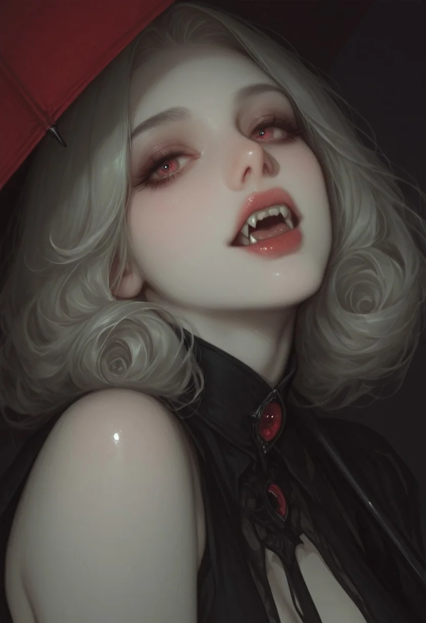 7481llu,masterpiece, best quality, 1girl, closeup, vampire, 2Fangs, The lips are slightly parted, revealing sharp, gleaming white fangs. perfect teeth, white skin, red umbrella, black hole background, swirling event horizon, glowing accretion disks, distant stars, dark tones, muted colors, sharp contrasts, hyper-realistic, detailed textures, cinematic feel, dark fantasy, cosmic aesthetics, calm expression, elegant outfit, subtle textures, dramatic lighting, highres.