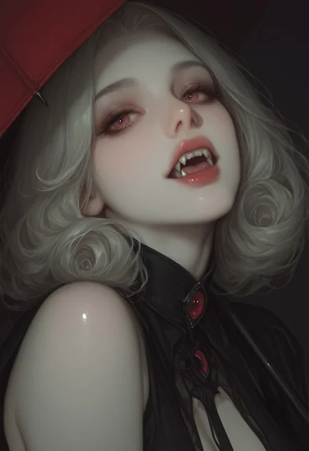 7481llu,masterpiece, best quality, 1girl, closeup, vampire,  2Fangs, The lips are slightly parted, revealing sharp, gleaming white fangs. perfect teeth, white skin, red umbrella, black hole background, swirling event horizon, glowing accretion disks, distant stars, dark tones, muted colors, sharp contrasts, hyper-realistic, detailed textures, cinematic feel, dark fantasy, cosmic aesthetics, calm expression, elegant outfit, subtle textures, dramatic lighting, highres.