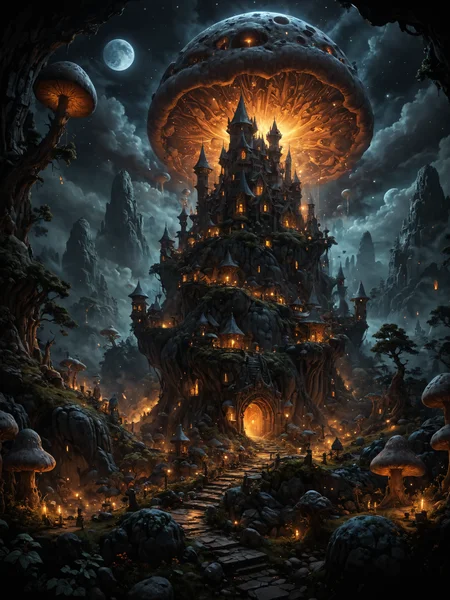 mushroom castle with large mushroom village, at night, candles, glow, moon, stars, clouds of smoke, fantastic forest background, detailed image, 8k high quality detailed, shaped sphere, amazing wallpaper, digital painting highly detailed, 8k UHD detailed oil painting, mythical nightscapes, fantasy art, cover art, <lora:zavy-cntrst-sdxl:0.8> dark, chiaroscuro, low-key <lora:sss:0.8> <lora:add-detail-xl:0.8> <lora:EdobHorrorLandscape_XL_v1.0:0.8> EdobHorrorLandscape