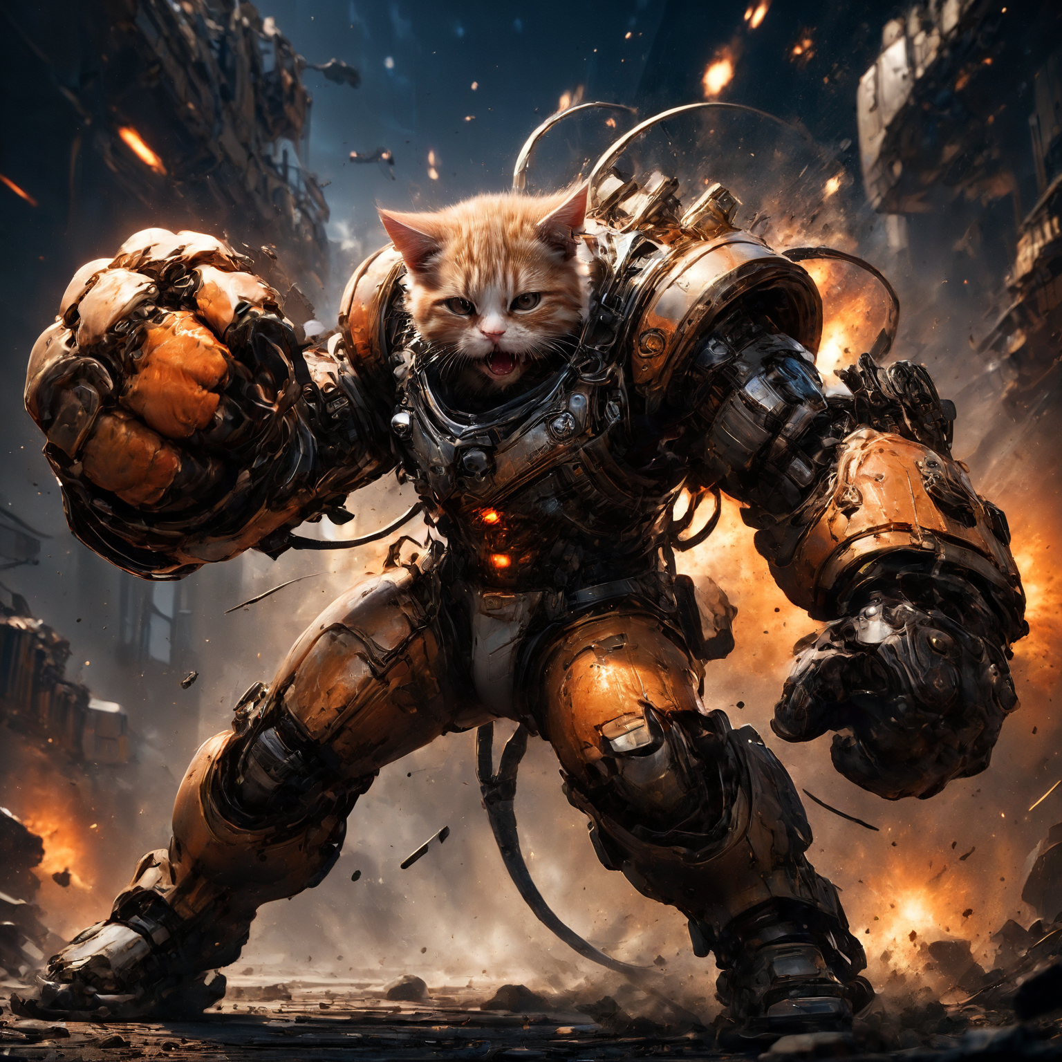amazing quality, masterpiece, best quality, hyper detailed, ultra detailed, UHD, HDR, DOF, depth of field, sci-fi,
cat, (orange hybrid gold:1.2) giant mechanical arms, fighting stance, hand up,( opened mouth, angry:1.2), spacecraft in background,( punching:1.3),
glowing, shine, dazzling, (explosion:1.2) in background, outstretched arm, outstretched hand, (night:1.2), 
<lora:cfc-giant-mechanical-arms:0.8>,
<lora:ral-vlntxplzn-sdxl:0.5>, ral-vlntxplzn,
<lora:EnvyActionShotXL01:0.75>, action shot,
<lora:add-detail-xl:0.7>,
<lora:EnvyBetterHiresFixXL01:1.0>,
<lora:extremely_detailed:0.7>, extremely detailed,