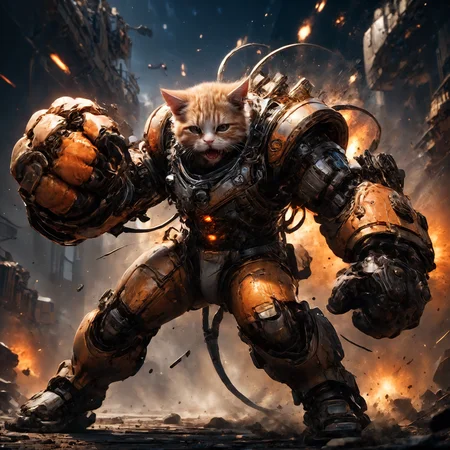 amazing quality, masterpiece, best quality, hyper detailed, ultra detailed, UHD, HDR, DOF, depth of field, sci-fi,
cat, (orange hybrid gold:1.2) giant mechanical arms, fighting stance, hand up,( opened mouth, angry:1.2), spacecraft in background,( punching:1.3),
glowing, shine, dazzling, (explosion:1.2) in background, outstretched arm, outstretched hand, (night:1.2),
<lora:cfc-giant-mechanical-arms:0.8>,
<lora:ral-vlntxplzn-sdxl:0.5>, ral-vlntxplzn,
<lora:EnvyActionShotXL01:0.75>, action shot,
<lora:add-detail-xl:0.7>,
<lora:EnvyBetterHiresFixXL01:1.0>,
<lora:extremely_detailed:0.7>, extremely detailed,