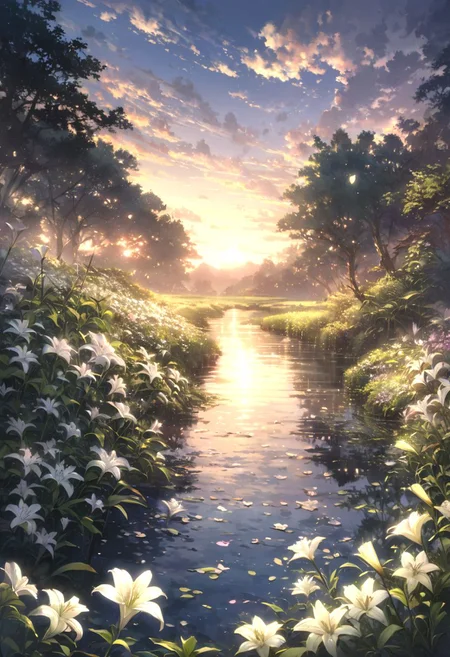 detailed background,( Calm spring night landscape), amongst lush greenery, beautiful view, lily flower in full bloom, lily flower, early morning, sunrise sky, beautiful clouds, dappled sunlight, beautiful, Tranquil Lake, Walkway, petals dancing in the wind, depth of field, masterpiece, best quality, ultra-detailed, very aesthetic, illustration, perfect composition, intricate details, absurdres, moody lighting, wisps of light, no humans,