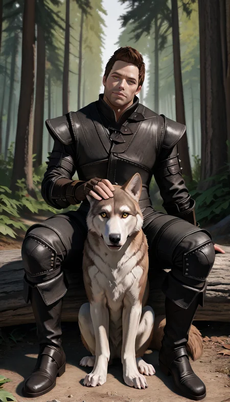 masterpiece, best quality, newest, perfect quality, best quality, detailed background, intricate details, male focus, solo, photorealistic, <lora:Skyrim Romance Mod - Bishop - Illustrious 2-000007:0.7>, srm_bishop, 1boy, mature male, brown hair, very short hair, yellow eyes, stubble, leather armor, fingerless gloves, pants, boots, forest, looking at viewer, head tilt, sitting
BREAK petting wolf